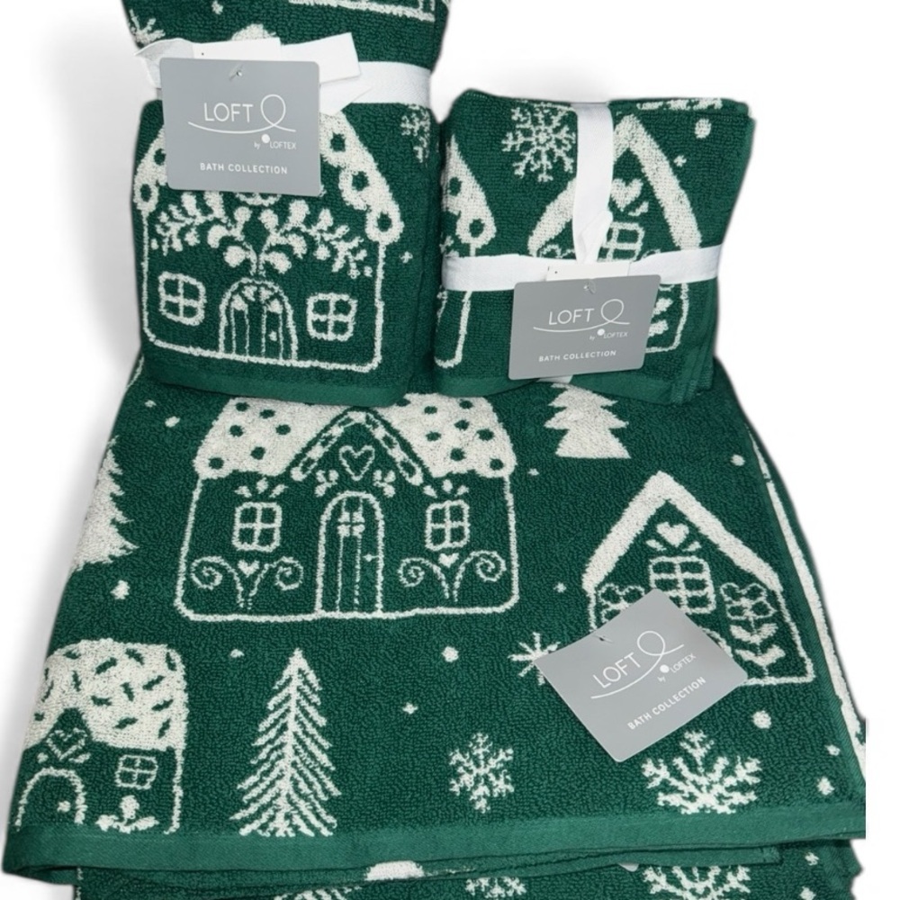 Loft By Loftex 2 Bath Towel Set 2 Hand & Washcloths Green Gingerbread house NEW